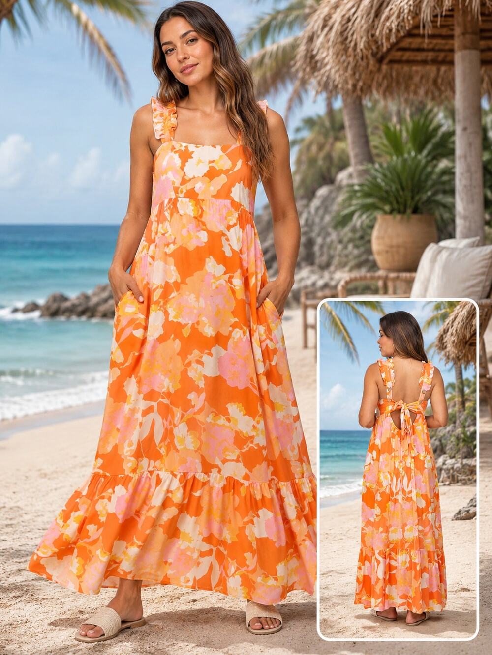 SHOP NEIGHBOR Orange & Pink Gauzy Floral Maxi Dress with Pockets Size Small